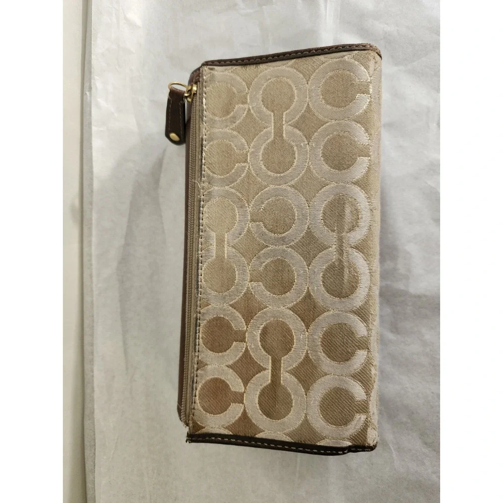 Coach Signature Jacquard Trifold Wallet Brown Tan Leather Horse Carriage Logo
